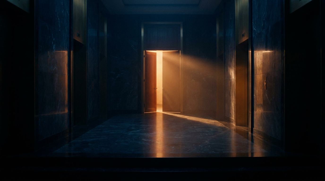 Uma porta com luz âmbar ao fim de um corredor escuro